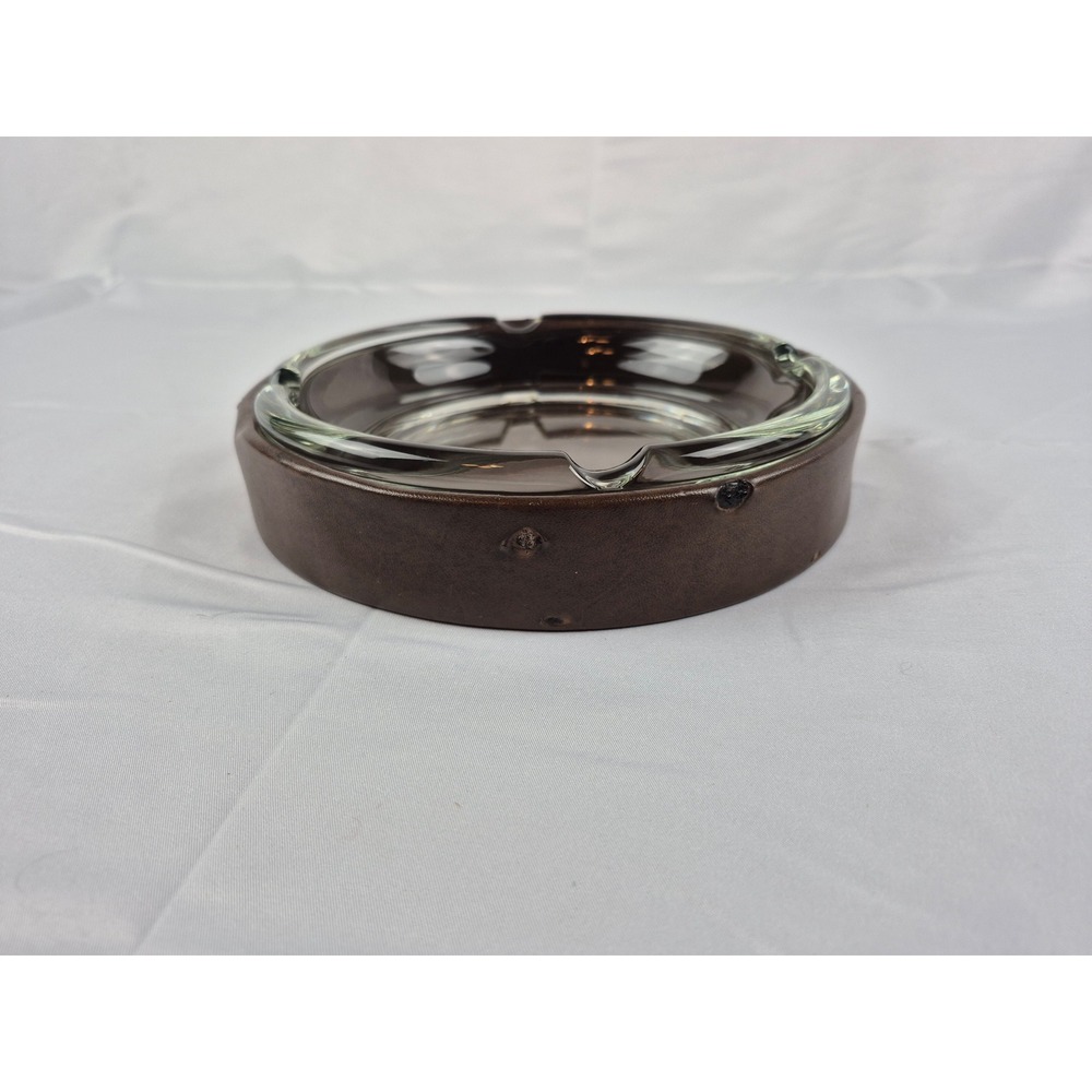 Vintage MCM Glass Ashtray Faux Leather Holder Heavy‎ Brown Bar Decor 8.25